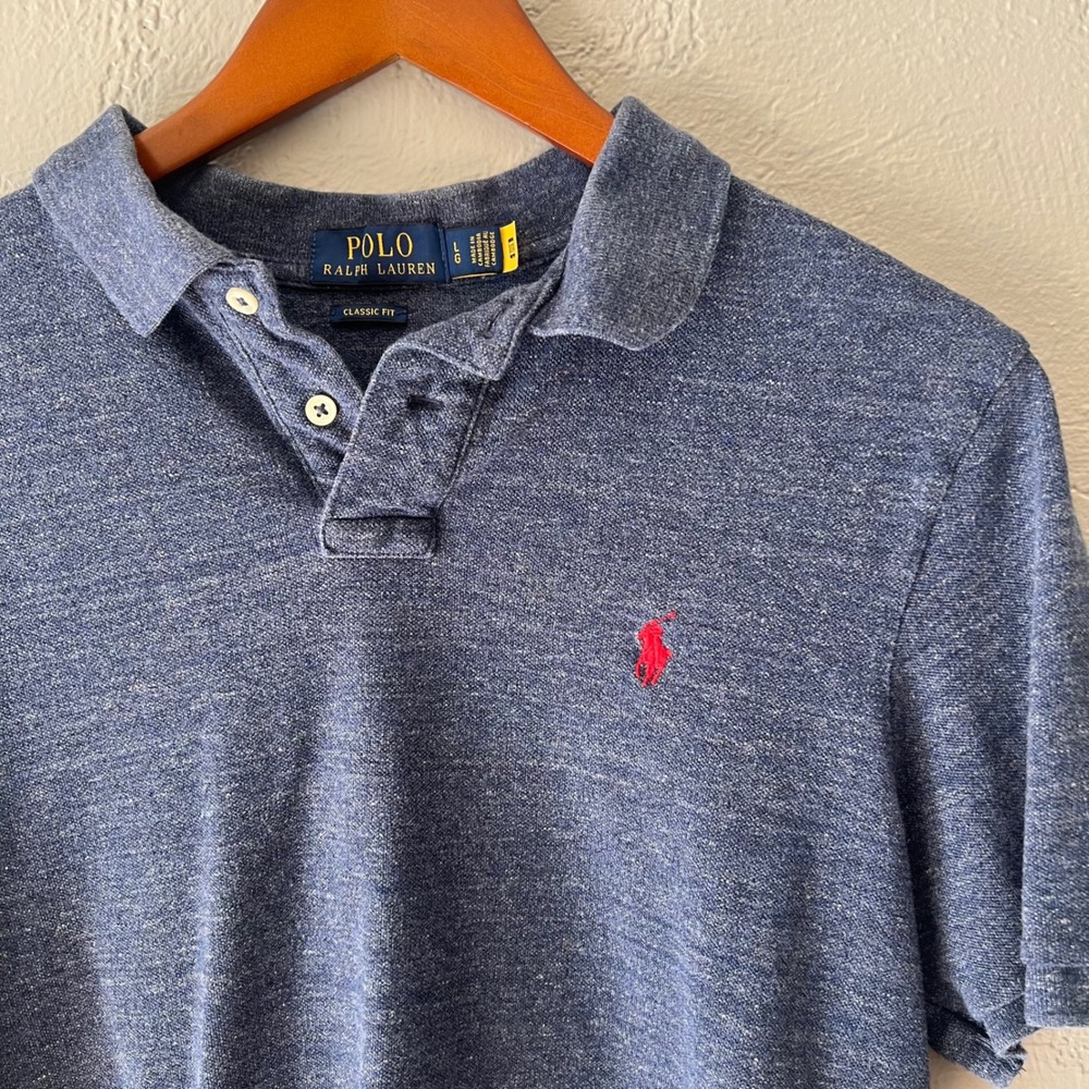 Polo Ralph Lauren Mens Blue Heathered Cotton Classic Fit Short Sleeve Polo L